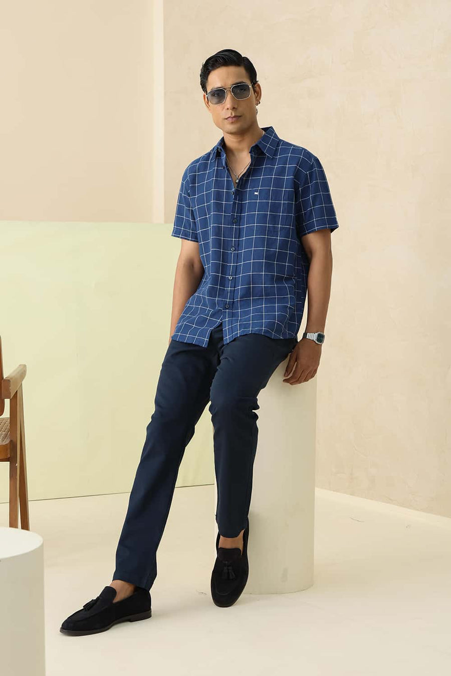 Basics Slim Fit Dark Blue Cotton Linen Checks Halfsleeves Shirt