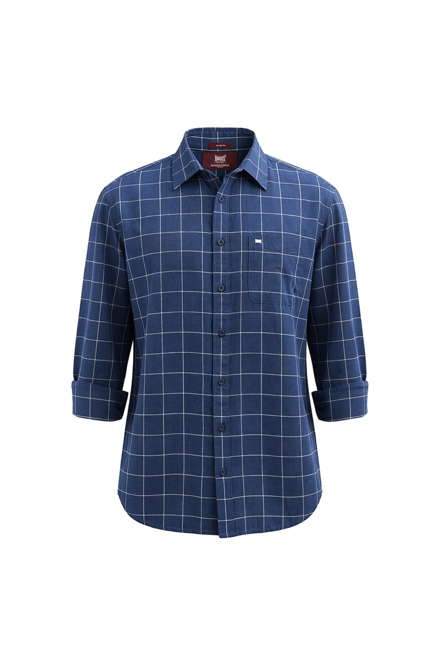 BASICS SLIM FIT DARK BLUE COTTON LINEN CHECKS SHIRT