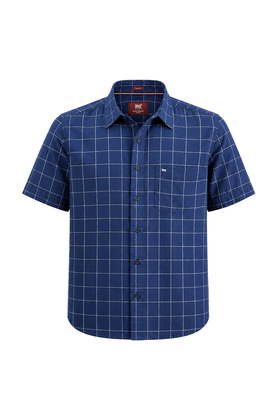 BASICS SLIM FIT DARK BLUE COTTON LINEN CHECKS HALFSLEEVES SHIRT