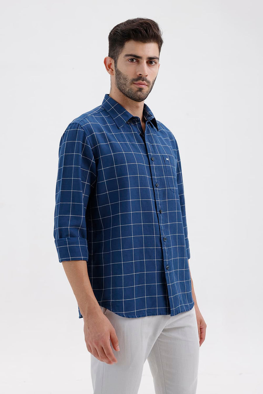 BASICS SLIM FIT DARK BLUE COTTON LINEN CHECKS SHIRT
