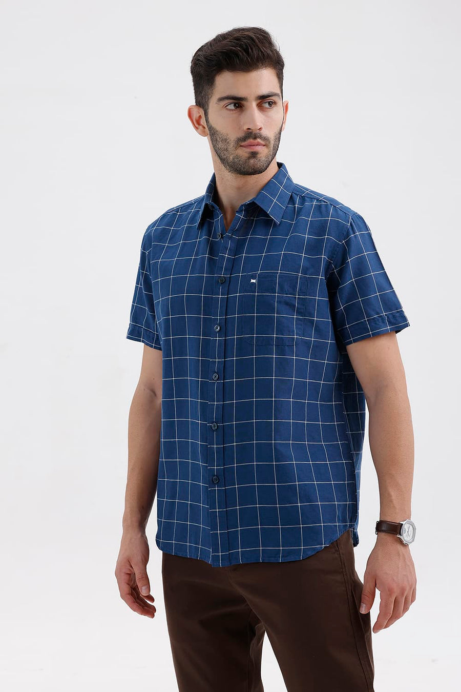 BASICS SLIM FIT DARK BLUE COTTON LINEN CHECKS HALFSLEEVES SHIRT