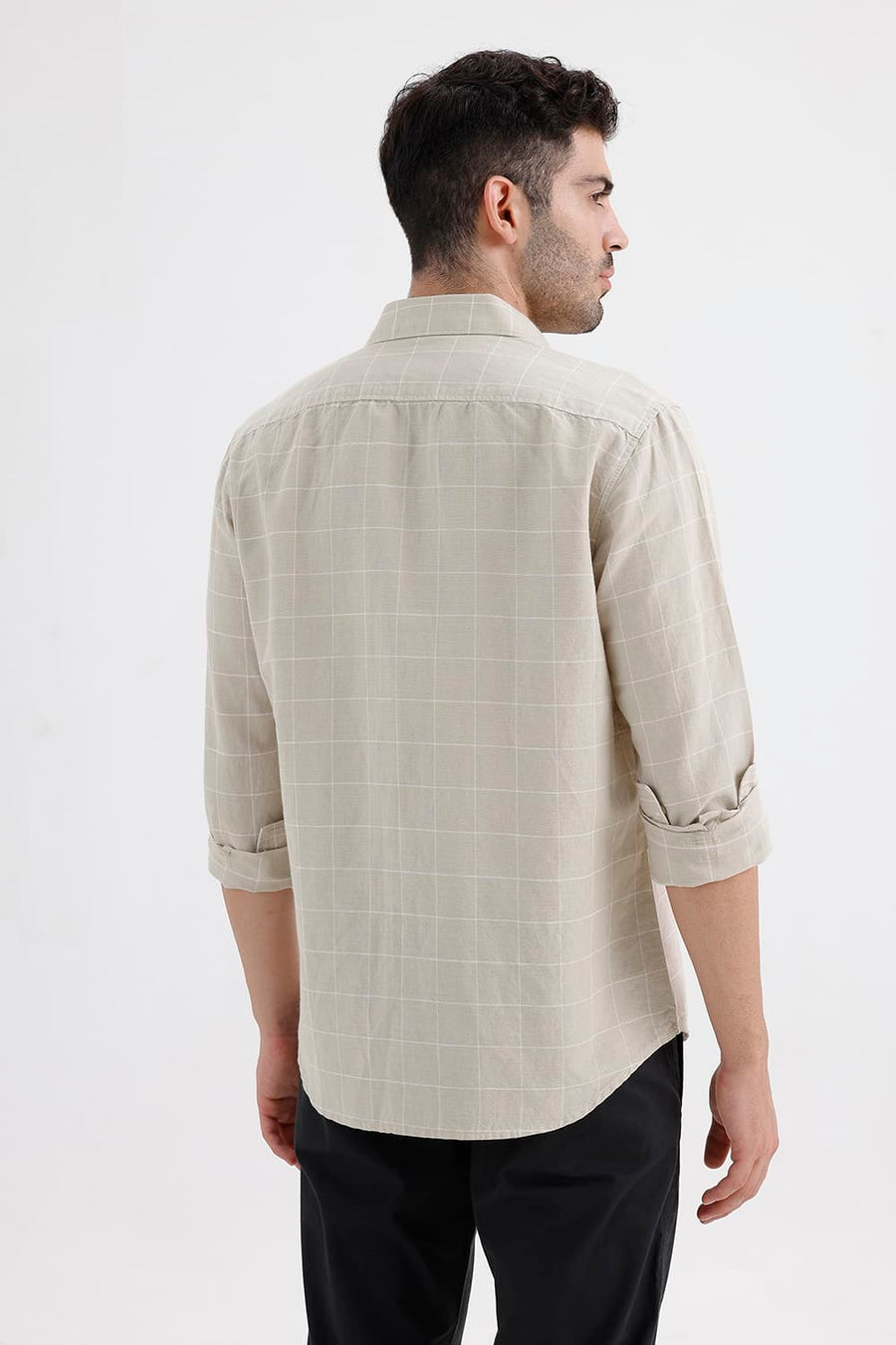 BASICS SLIM FIT SAND BEIGE COTTON LINEN CHECKS SHIRT
