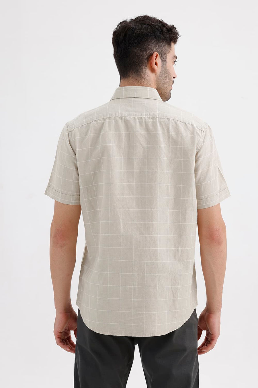 BASICS SLIM FIT SAND BEIGE COTTON LINEN CHECKS HALFSLEEVES SHIRT