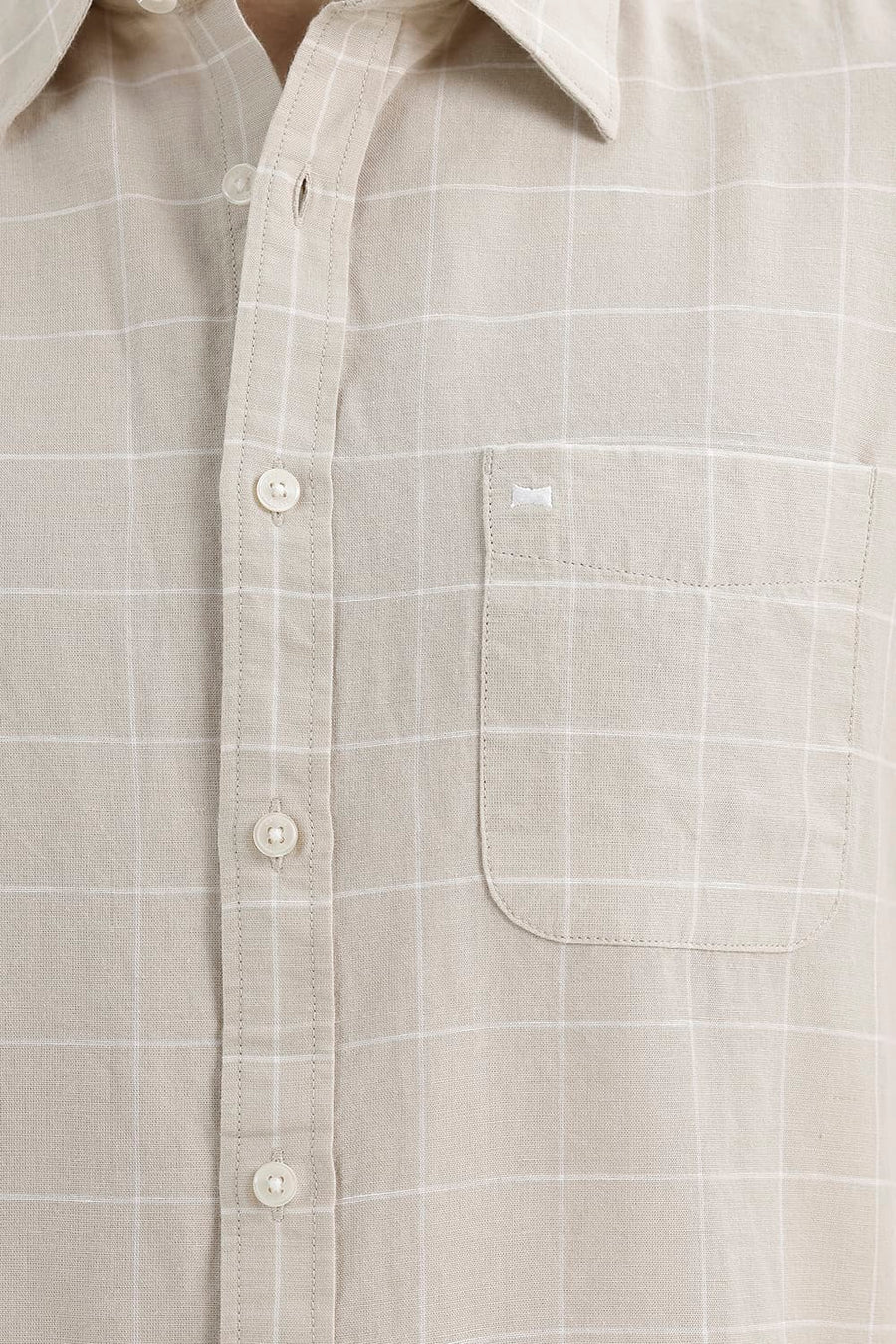 BASICS SLIM FIT SAND BEIGE COTTON LINEN CHECKS SHIRT