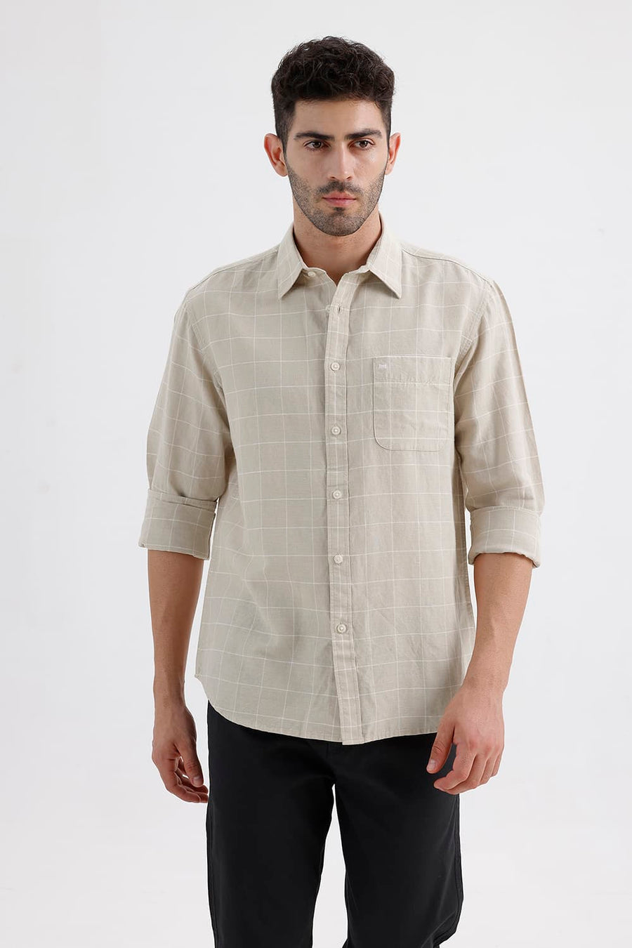 BASICS SLIM FIT SAND BEIGE COTTON LINEN CHECKS SHIRT