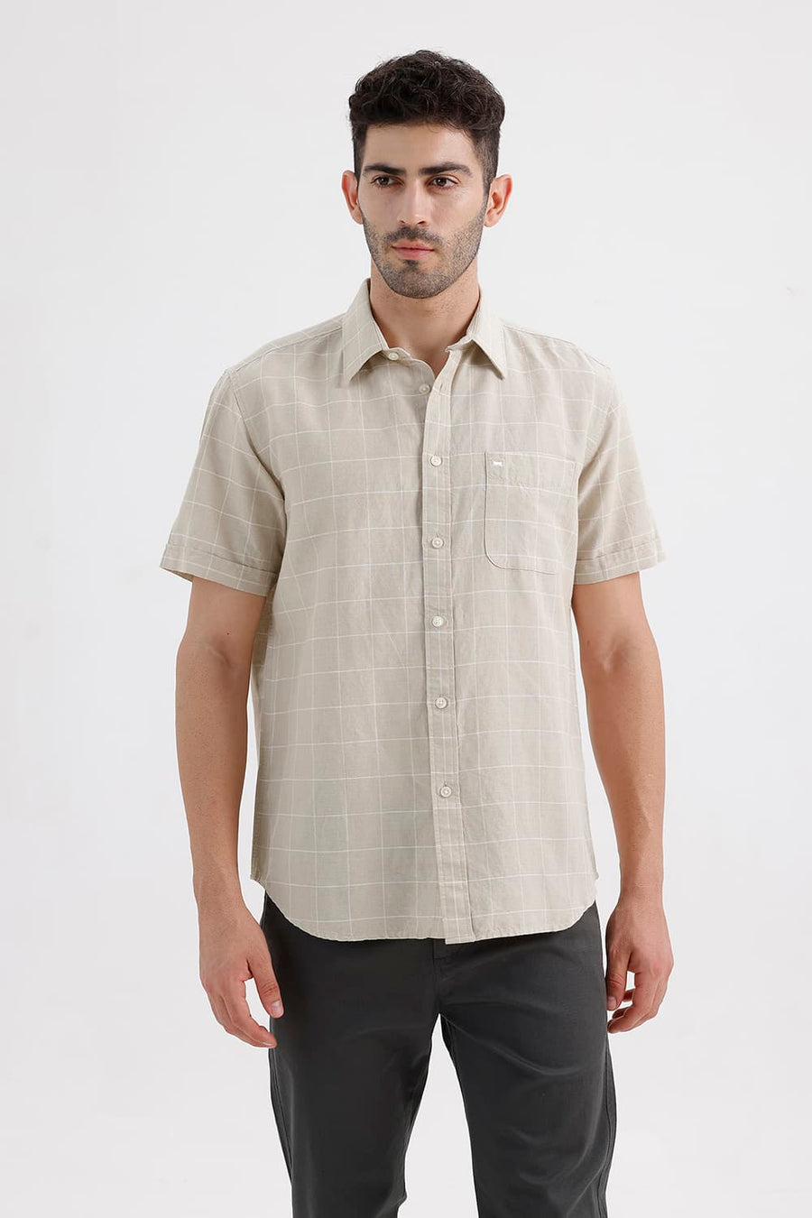BASICS SLIM FIT SAND BEIGE COTTON LINEN CHECKS HALFSLEEVES SHIRT