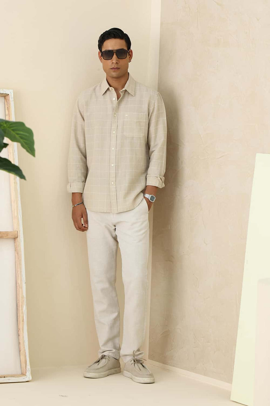Basics Slim Fit Sand Beige Cotton Linen Checks Shirt