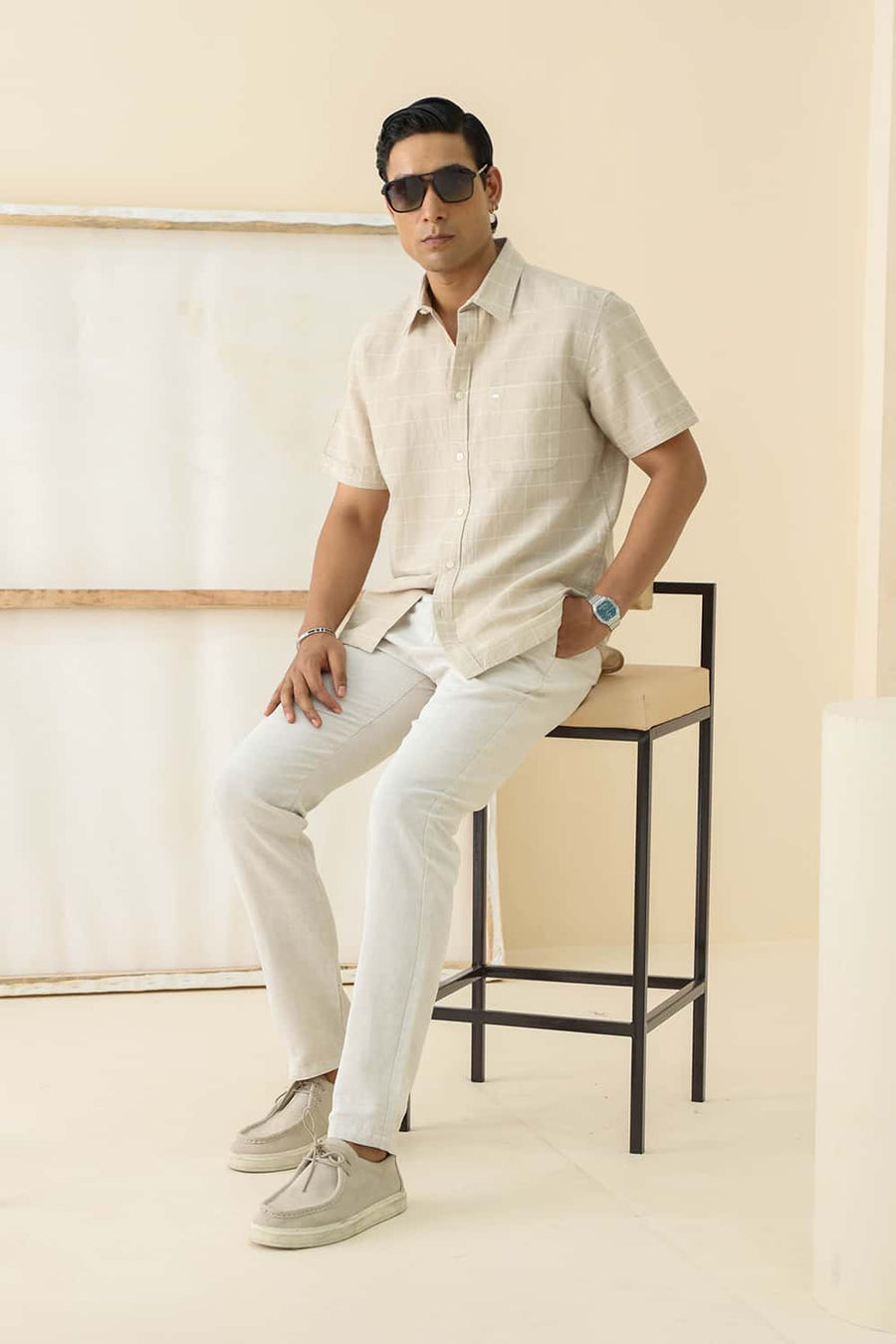 Basics Slim Fit Sand Beige Cotton Linen Checks Halfsleeves Shirt