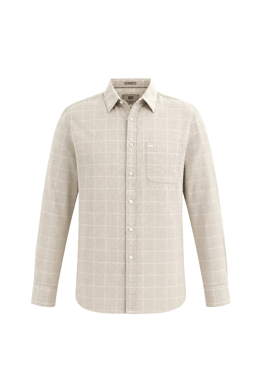 BASICS SLIM FIT SAND BEIGE COTTON LINEN CHECKS SHIRT