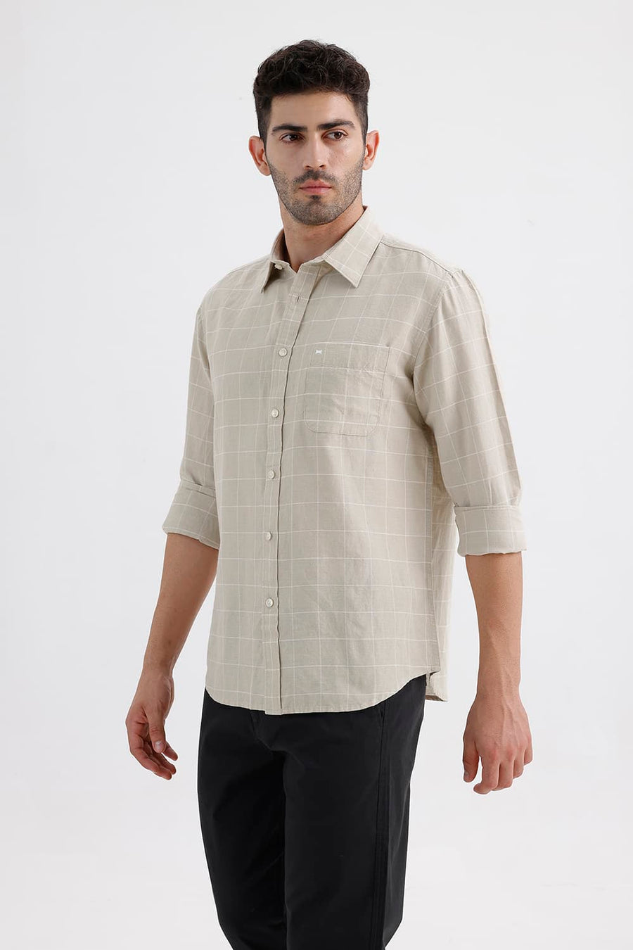 BASICS SLIM FIT SAND BEIGE COTTON LINEN CHECKS SHIRT