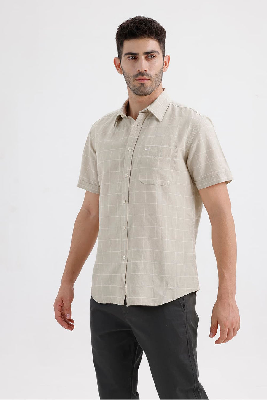 BASICS SLIM FIT SAND BEIGE COTTON LINEN CHECKS HALFSLEEVES SHIRT