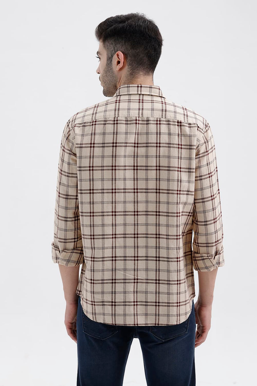 BASICS SLIM FIT SMOKE BEIGE COTTON LINEN CHECKS SHIRT