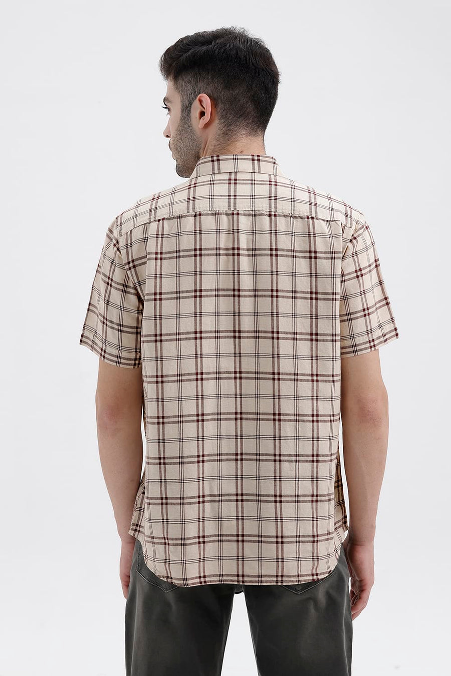 BASICS SLIM FIT SMOKE BEIGE COTTON LINEN CHECKS HALFSLEEVES SHIRT
