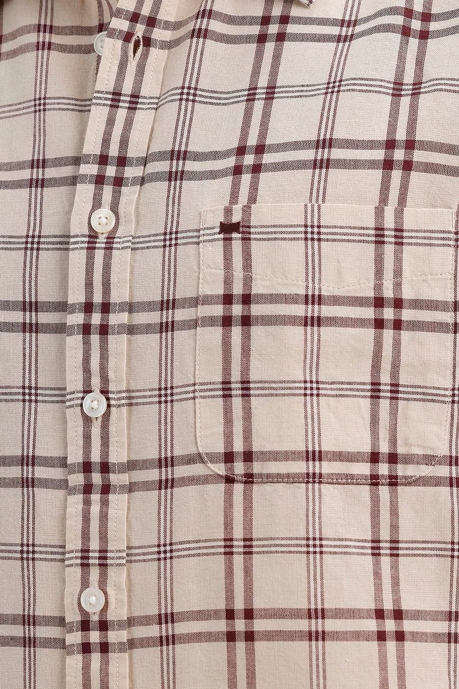 BASICS SLIM FIT SMOKE BEIGE COTTON LINEN CHECKS HALFSLEEVES SHIRT