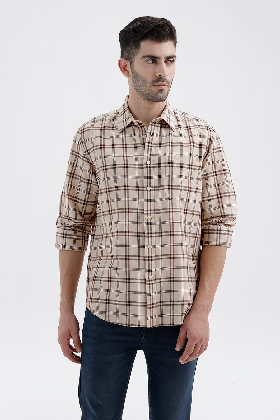 BASICS SLIM FIT SMOKE BEIGE COTTON LINEN CHECKS SHIRT