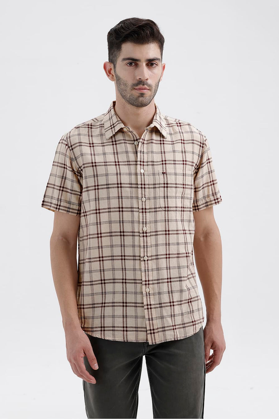 BASICS SLIM FIT SMOKE BEIGE COTTON LINEN CHECKS HALFSLEEVES SHIRT