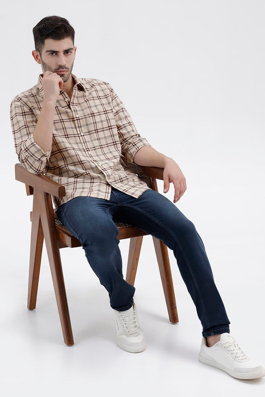 BASICS SLIM FIT SMOKE BEIGE COTTON LINEN CHECKS SHIRT