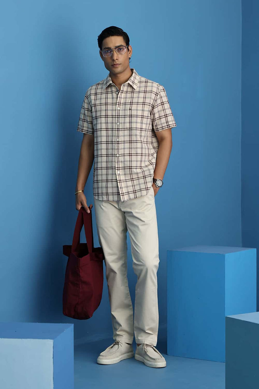 Basics Slim Fit Smoke Beige Cotton Linen Checks Halfsleeves Shirt