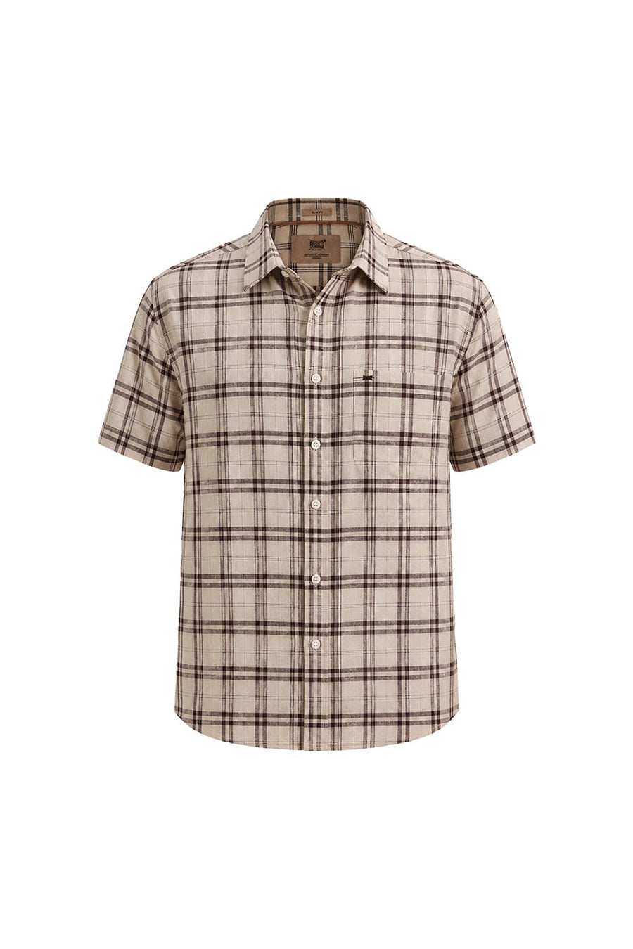 BASICS SLIM FIT SMOKE BEIGE COTTON LINEN CHECKS HALFSLEEVES SHIRT