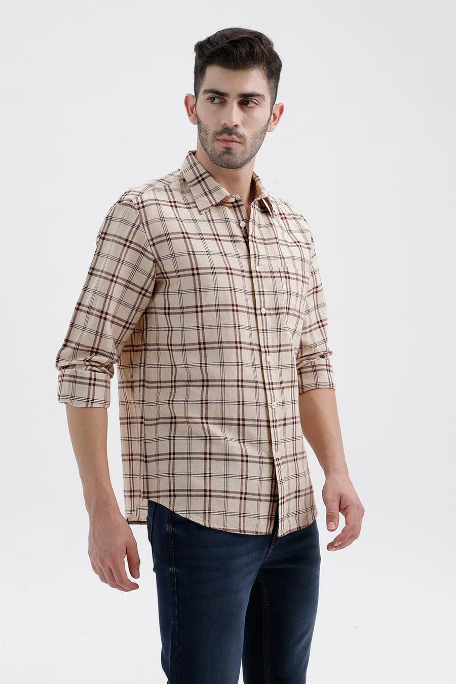BASICS SLIM FIT SMOKE BEIGE COTTON LINEN CHECKS SHIRT