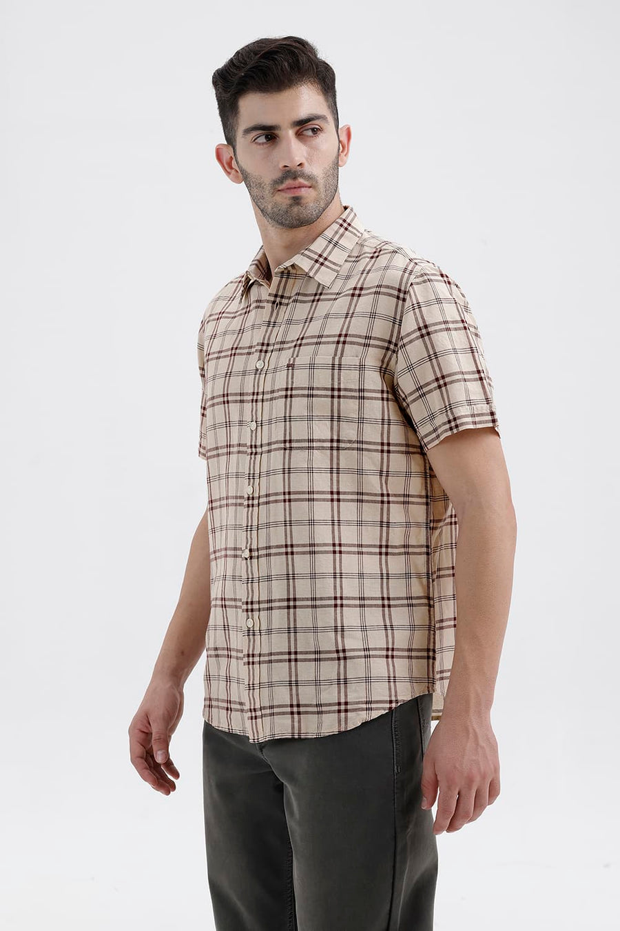BASICS SLIM FIT SMOKE BEIGE COTTON LINEN CHECKS HALFSLEEVES SHIRT