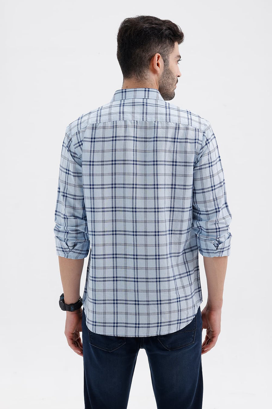BASICS SLIM FIT BABY BLUE COTTON LINEN CHECKS SHIRT