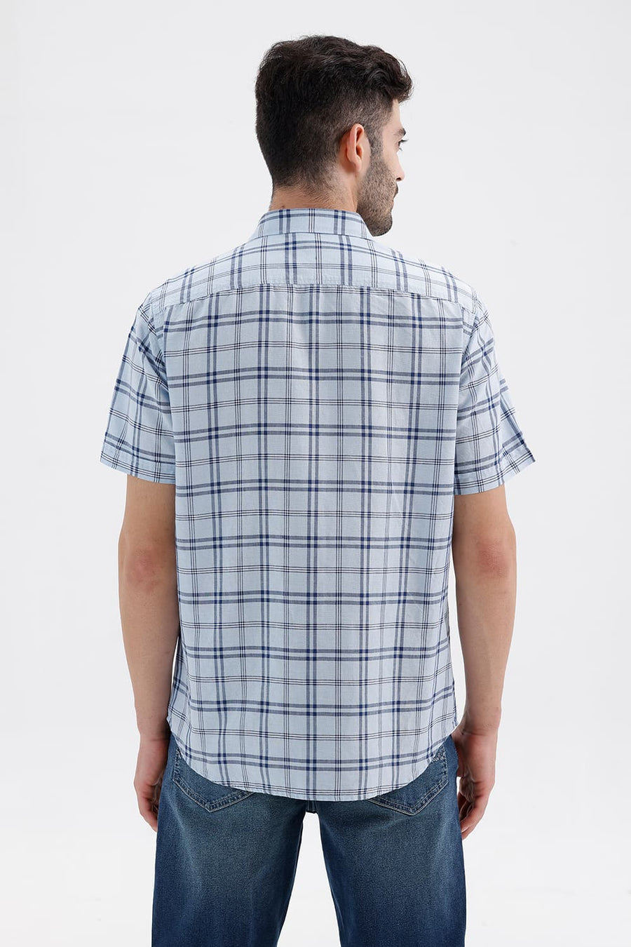 BASICS SLIM FIT BABY BLUE COTTON LINEN CHECKS HALFSLEEVES SHIRT