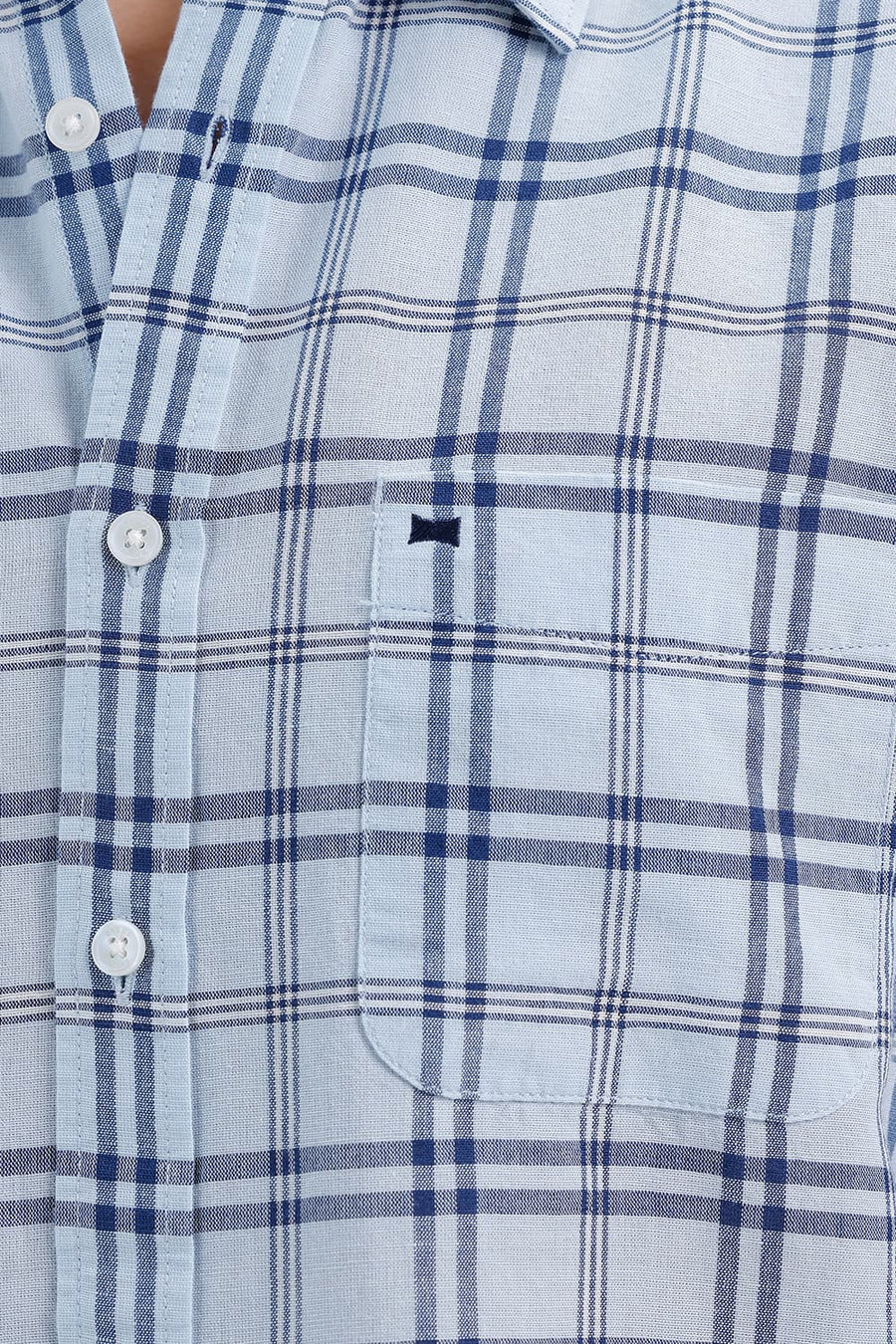BASICS SLIM FIT BABY BLUE COTTON LINEN CHECKS SHIRT