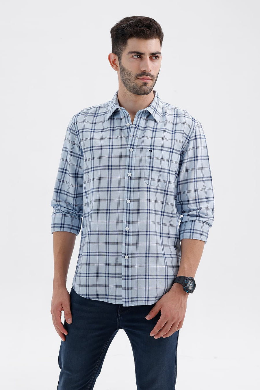 BASICS SLIM FIT BABY BLUE COTTON LINEN CHECKS SHIRT