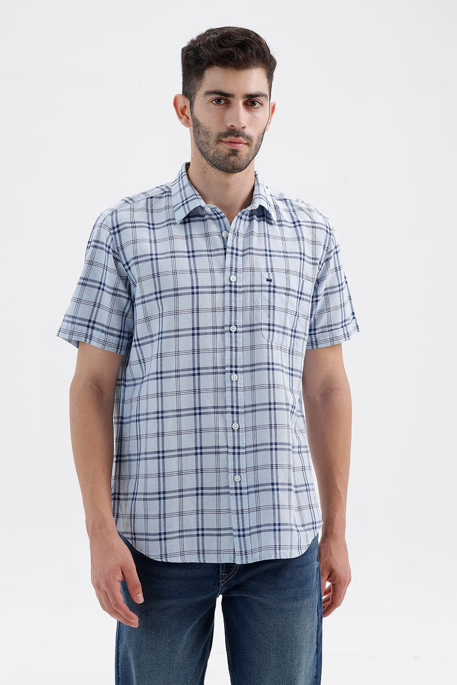 BASICS SLIM FIT BABY BLUE COTTON LINEN CHECKS HALFSLEEVES SHIRT