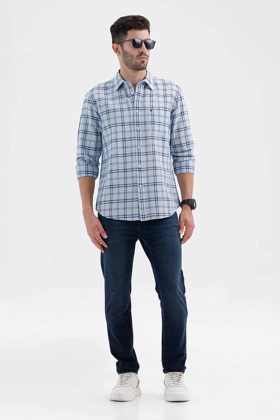 BASICS SLIM FIT BABY BLUE COTTON LINEN CHECKS SHIRT