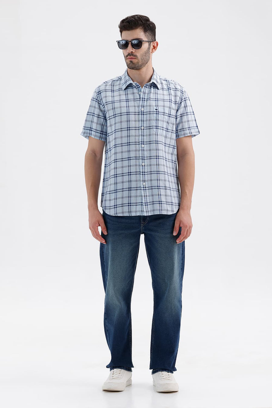 BASICS SLIM FIT BABY BLUE COTTON LINEN CHECKS HALFSLEEVES SHIRT