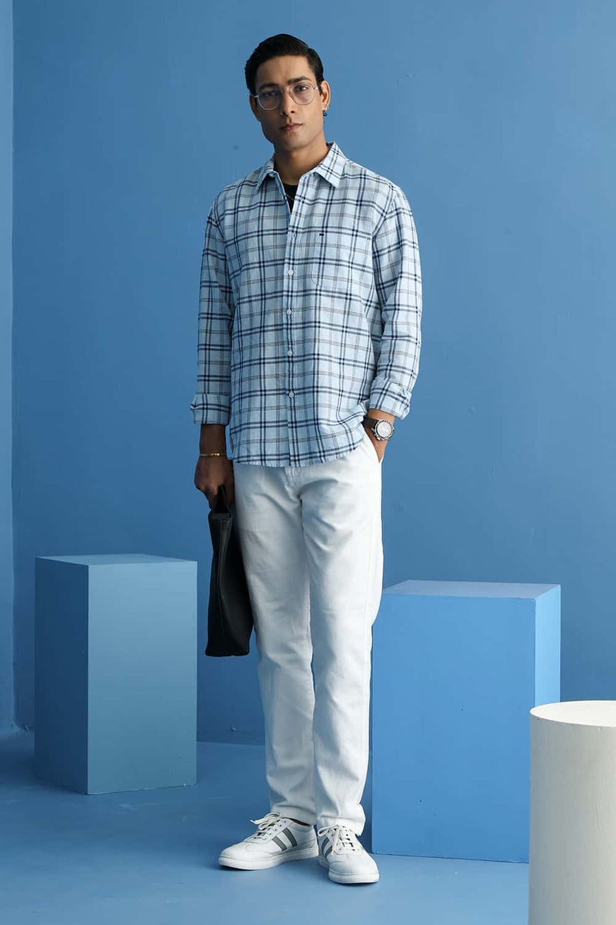 Basics Slim Fit Baby Blue Cotton Linen Checks Shirt