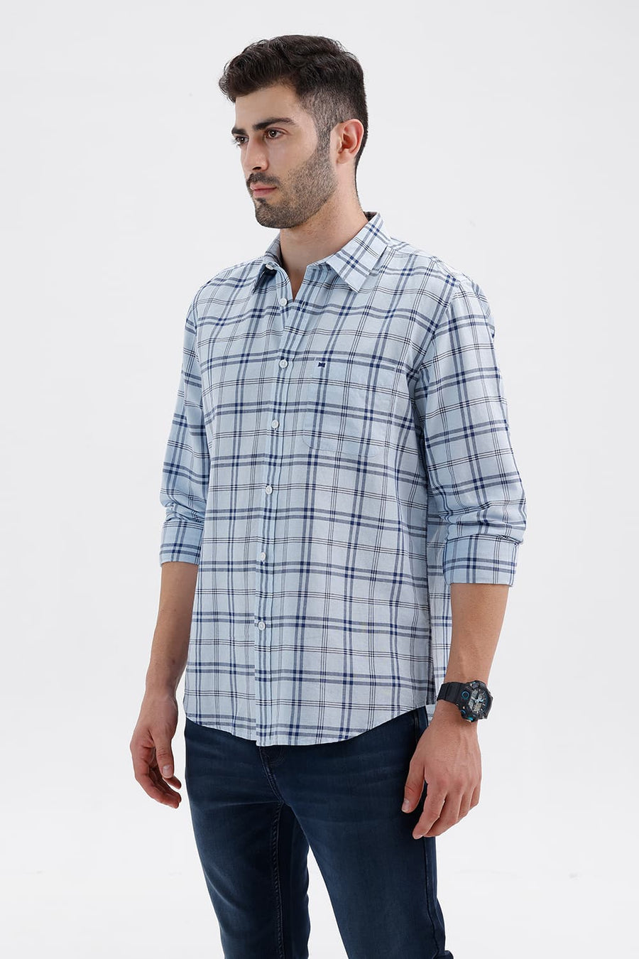 BASICS SLIM FIT BABY BLUE COTTON LINEN CHECKS SHIRT
