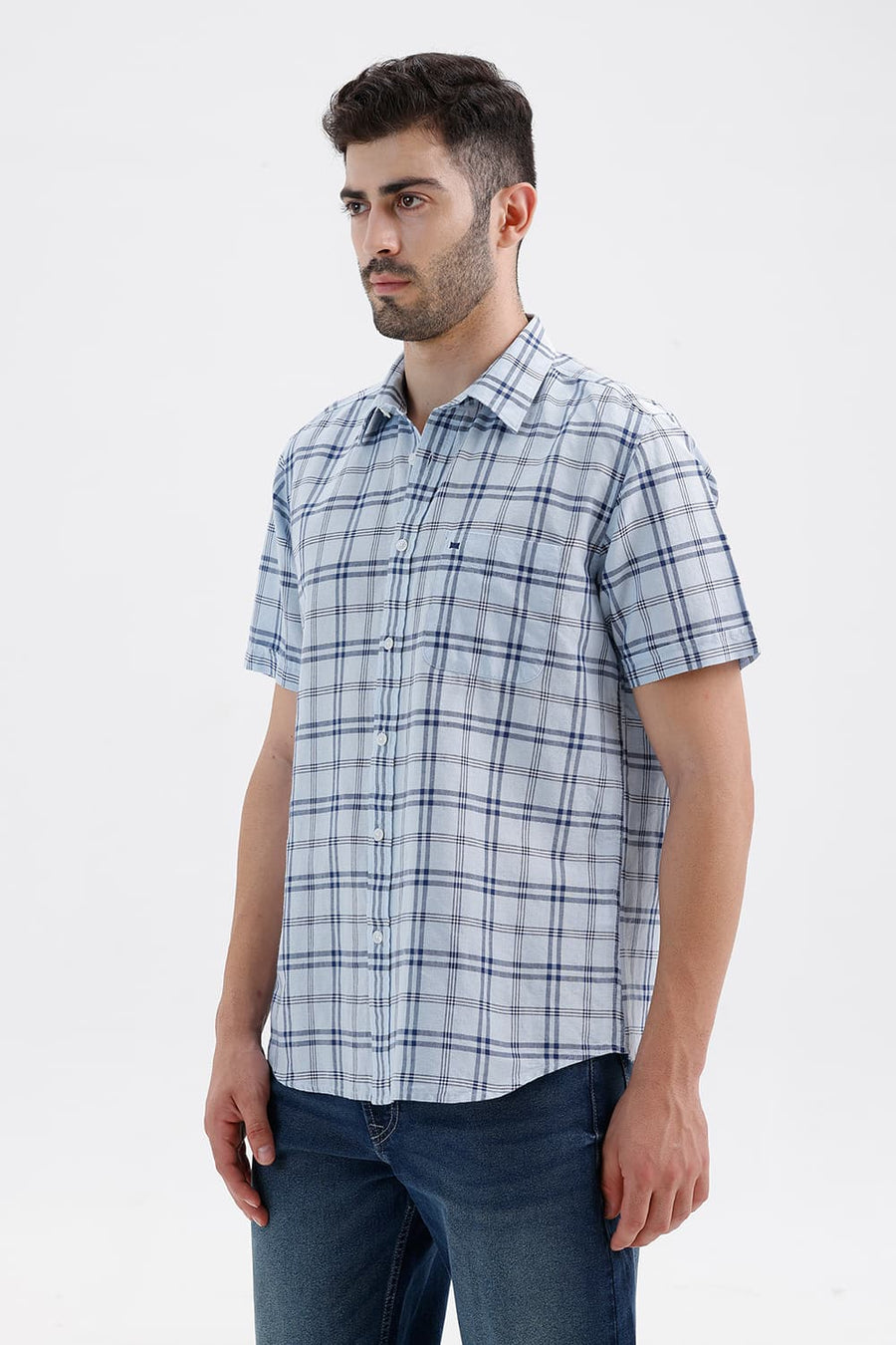 BASICS SLIM FIT BABY BLUE COTTON LINEN CHECKS HALFSLEEVES SHIRT