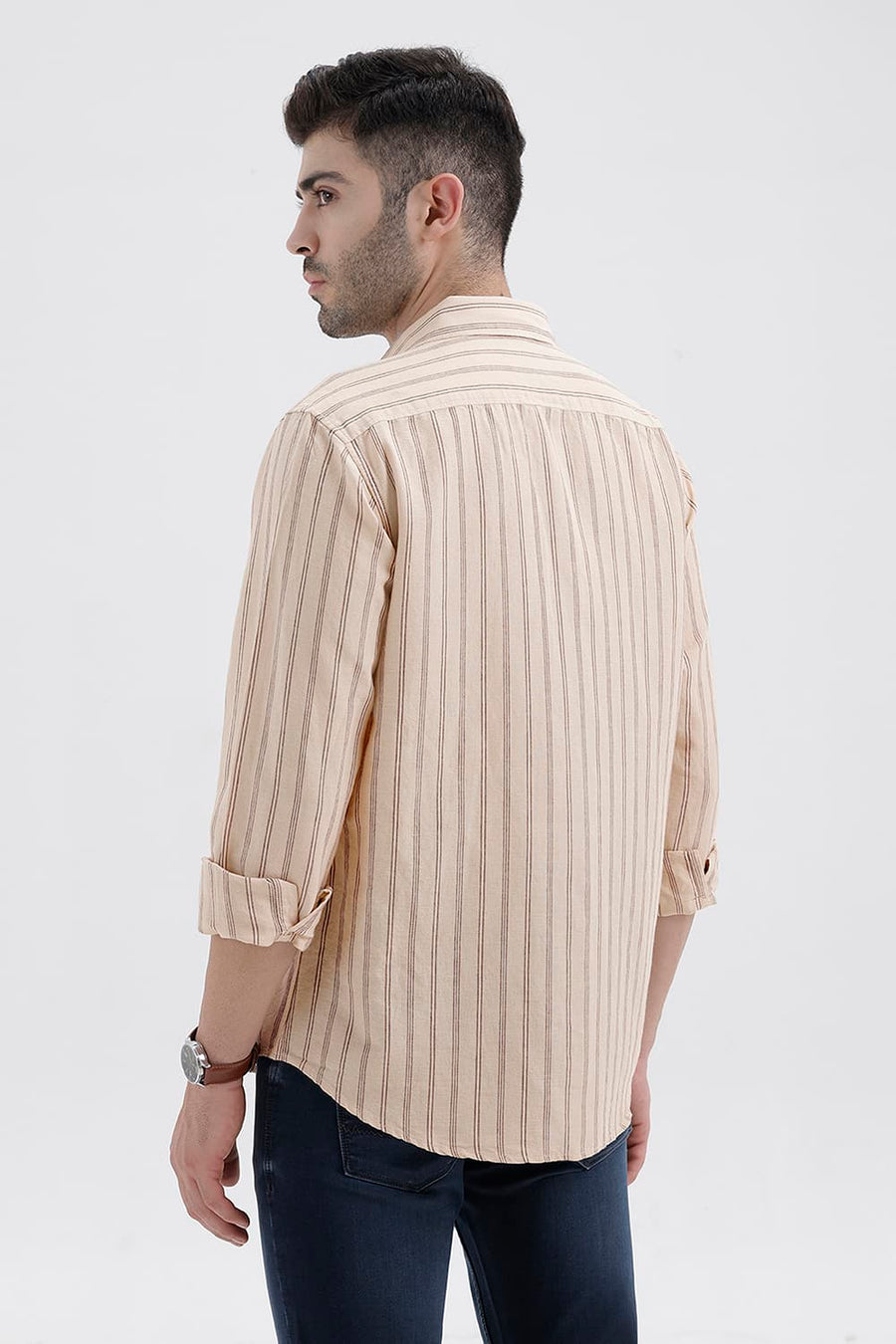 BASICS SLIM FIT FOG BEIGE COTTON LINEN STRIPE SHIRT