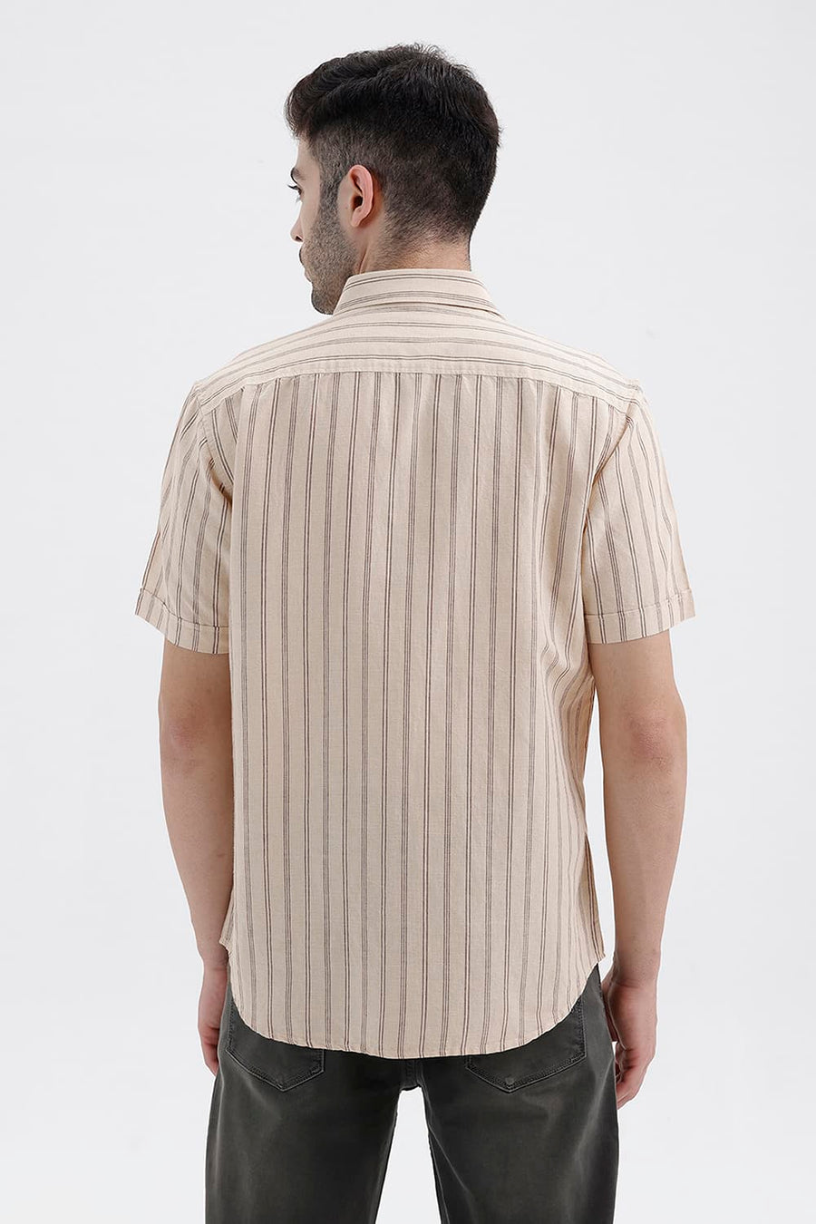 BASICS SLIM FIT FOG BEIGE COTTON LINEN STRIPE HALFSLEEVES SHIRT
