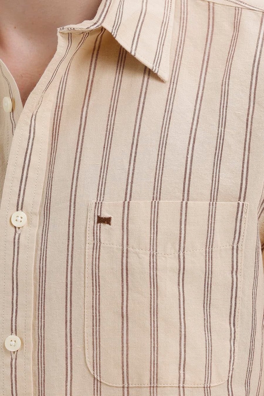 BASICS SLIM FIT FOG BEIGE COTTON LINEN STRIPE SHIRT