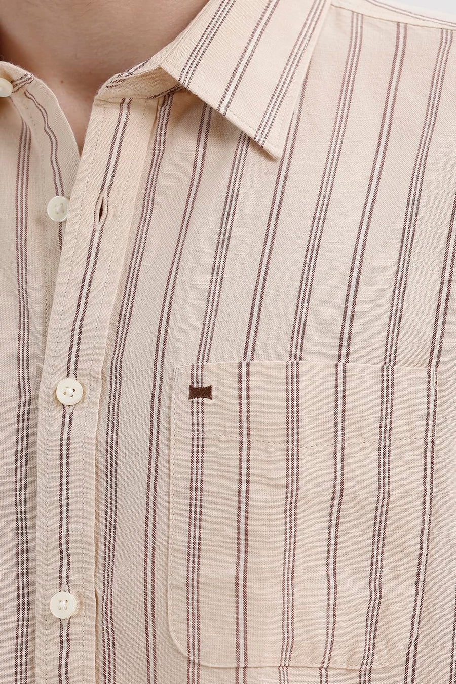 BASICS SLIM FIT FOG BEIGE COTTON LINEN STRIPE HALFSLEEVES SHIRT