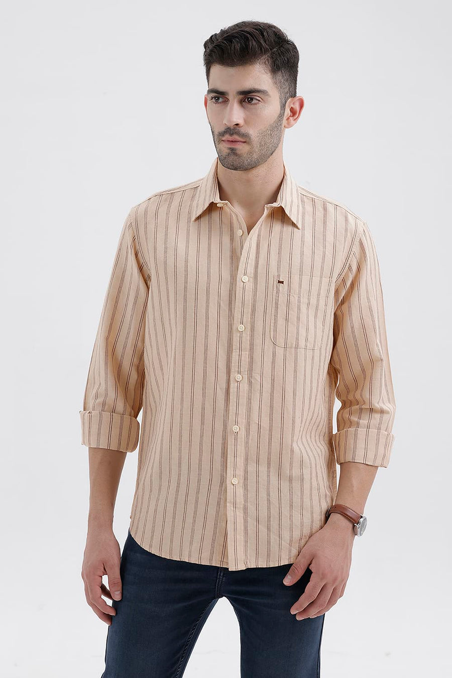 BASICS SLIM FIT FOG BEIGE COTTON LINEN STRIPE SHIRT