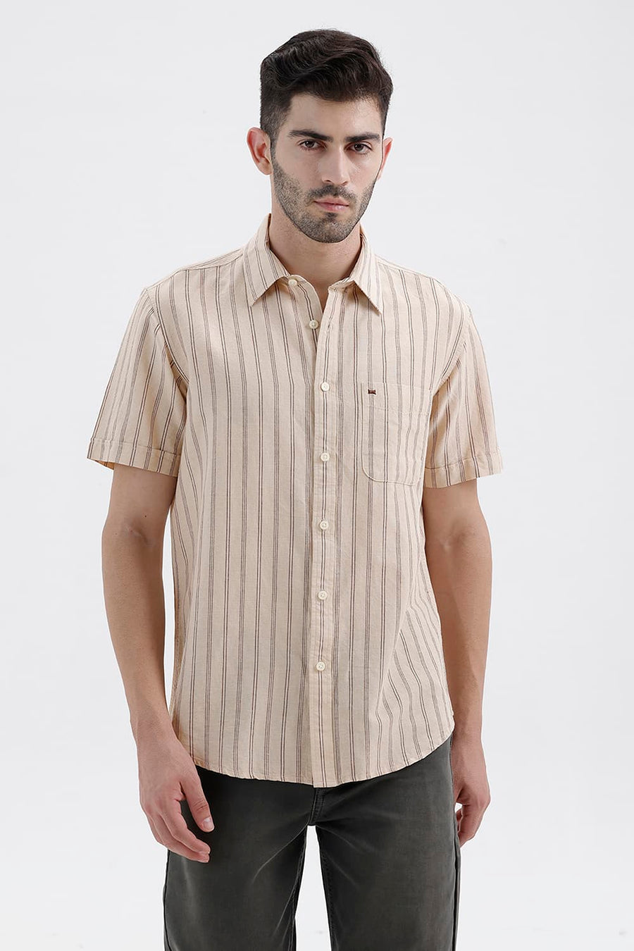 BASICS SLIM FIT FOG BEIGE COTTON LINEN STRIPE HALFSLEEVES SHIRT