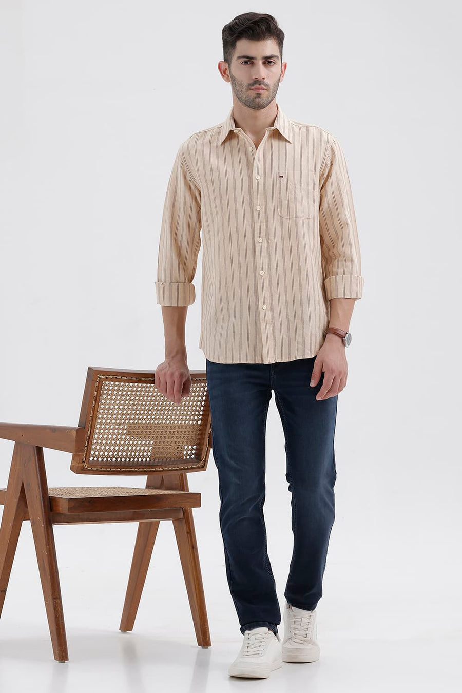BASICS SLIM FIT FOG BEIGE COTTON LINEN STRIPE SHIRT