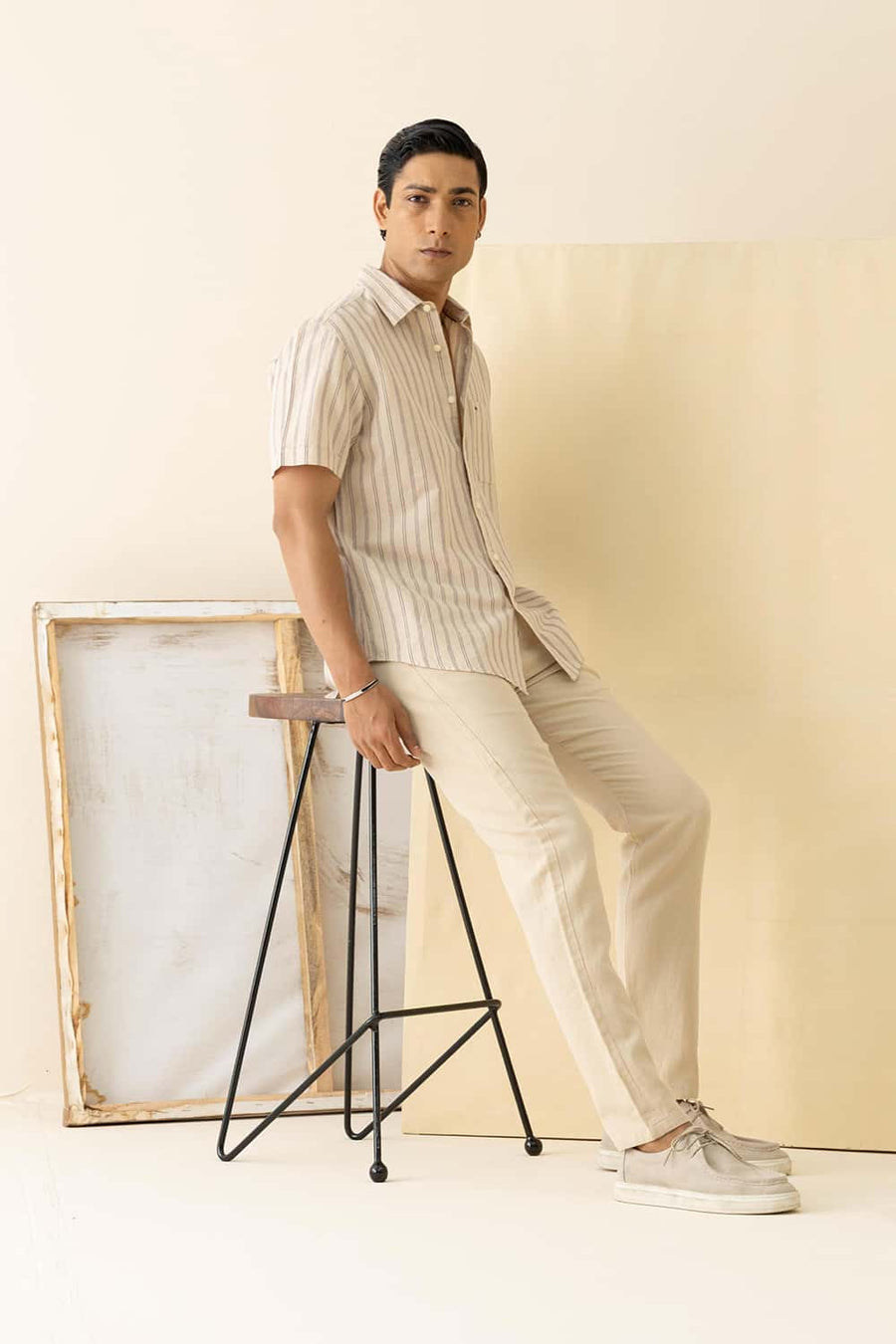 Basics Slim Fit Fog Beige Cotton Linen Stripe Halfsleeves Shirt