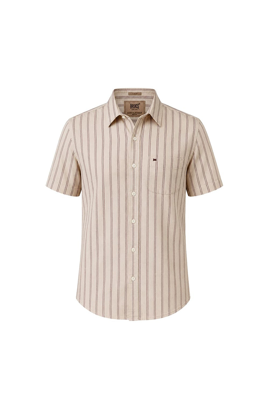BASICS SLIM FIT FOG BEIGE COTTON LINEN STRIPE HALFSLEEVES SHIRT