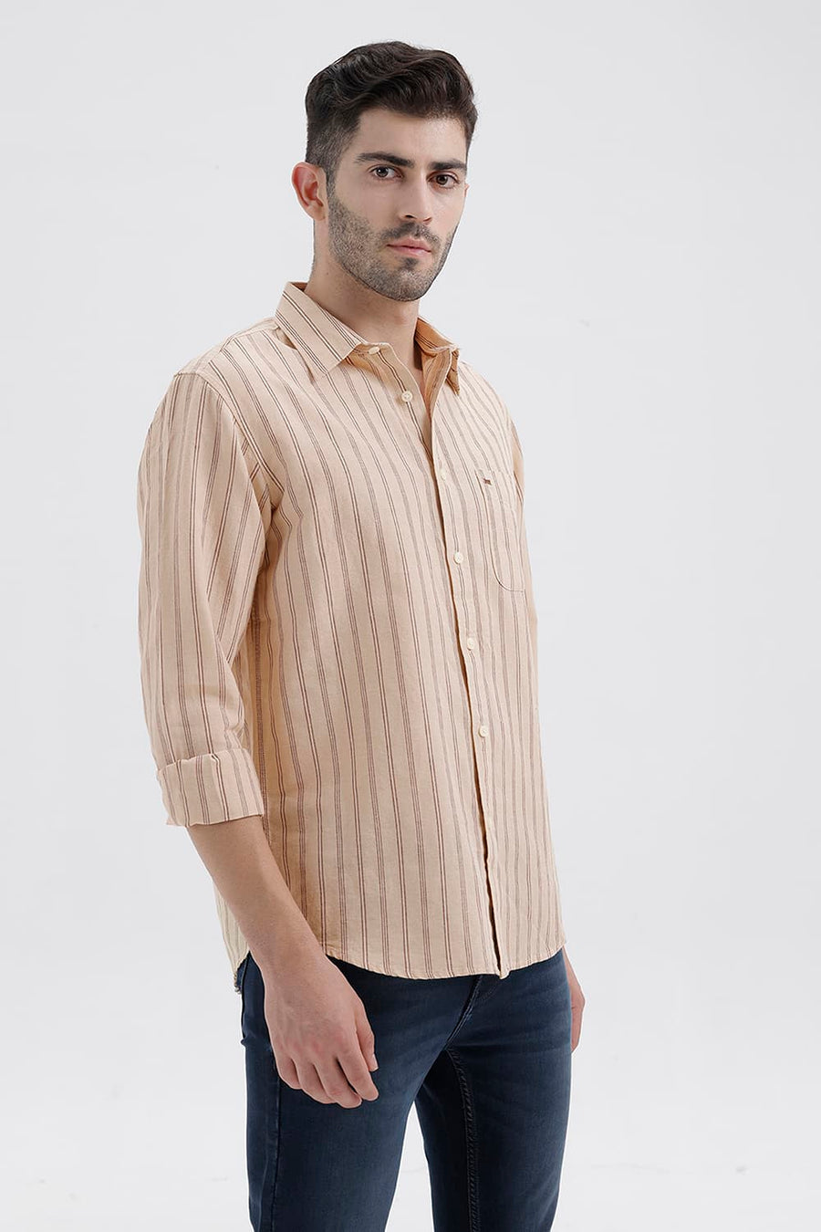 BASICS SLIM FIT FOG BEIGE COTTON LINEN STRIPE SHIRT