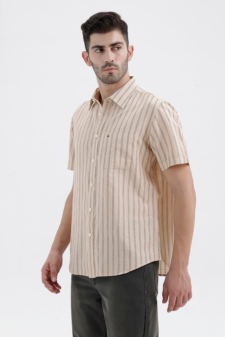 BASICS SLIM FIT FOG BEIGE COTTON LINEN STRIPE HALFSLEEVES SHIRT
