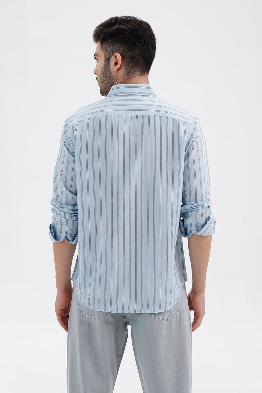 BASICS SLIM FIT SKYRIDE BLUE COTTON LINEN STRIPE SHIRT