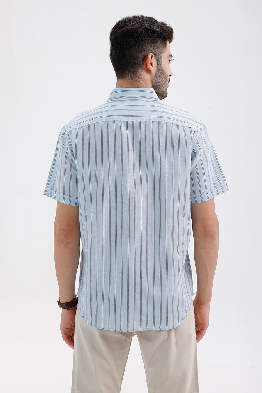 BASICS SLIM FIT SKYRIDE BLUE COTTON LINEN STRIPE HALFSLEEVES SHIRT