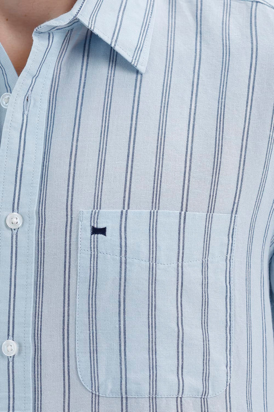 BASICS SLIM FIT SKYRIDE BLUE COTTON LINEN STRIPE SHIRT