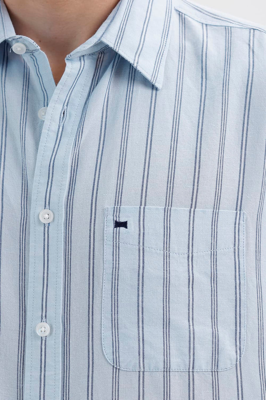 BASICS SLIM FIT SKYRIDE BLUE COTTON LINEN STRIPE HALFSLEEVES SHIRT